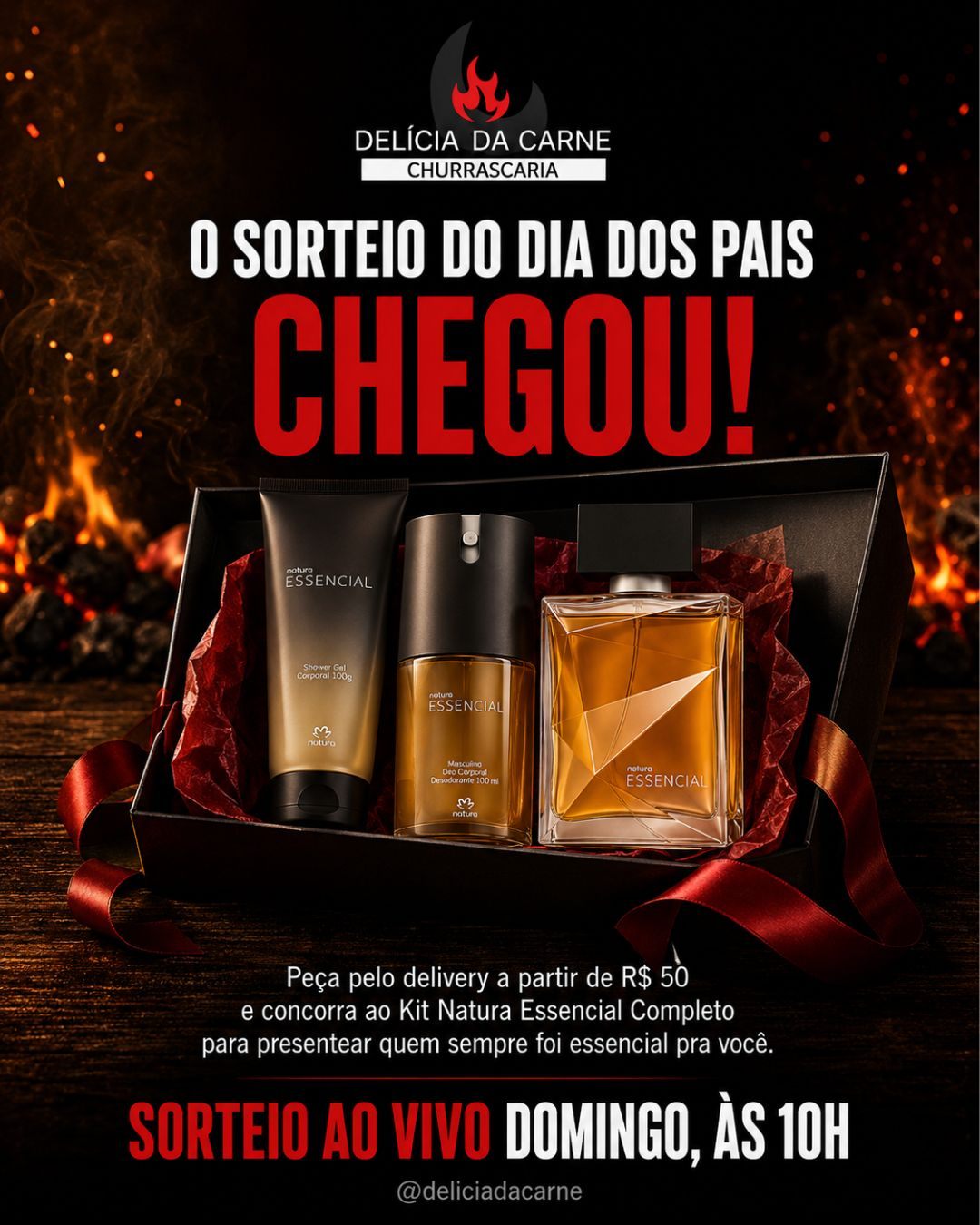 O sorteio do Dia dos Pais chegou! Peça pelo delivery a partir de R$ 50 e concorra a um Kit Natura Essencial completo. Sorteio ao vivo domingo às 10h no Instagram @deliciadacarne